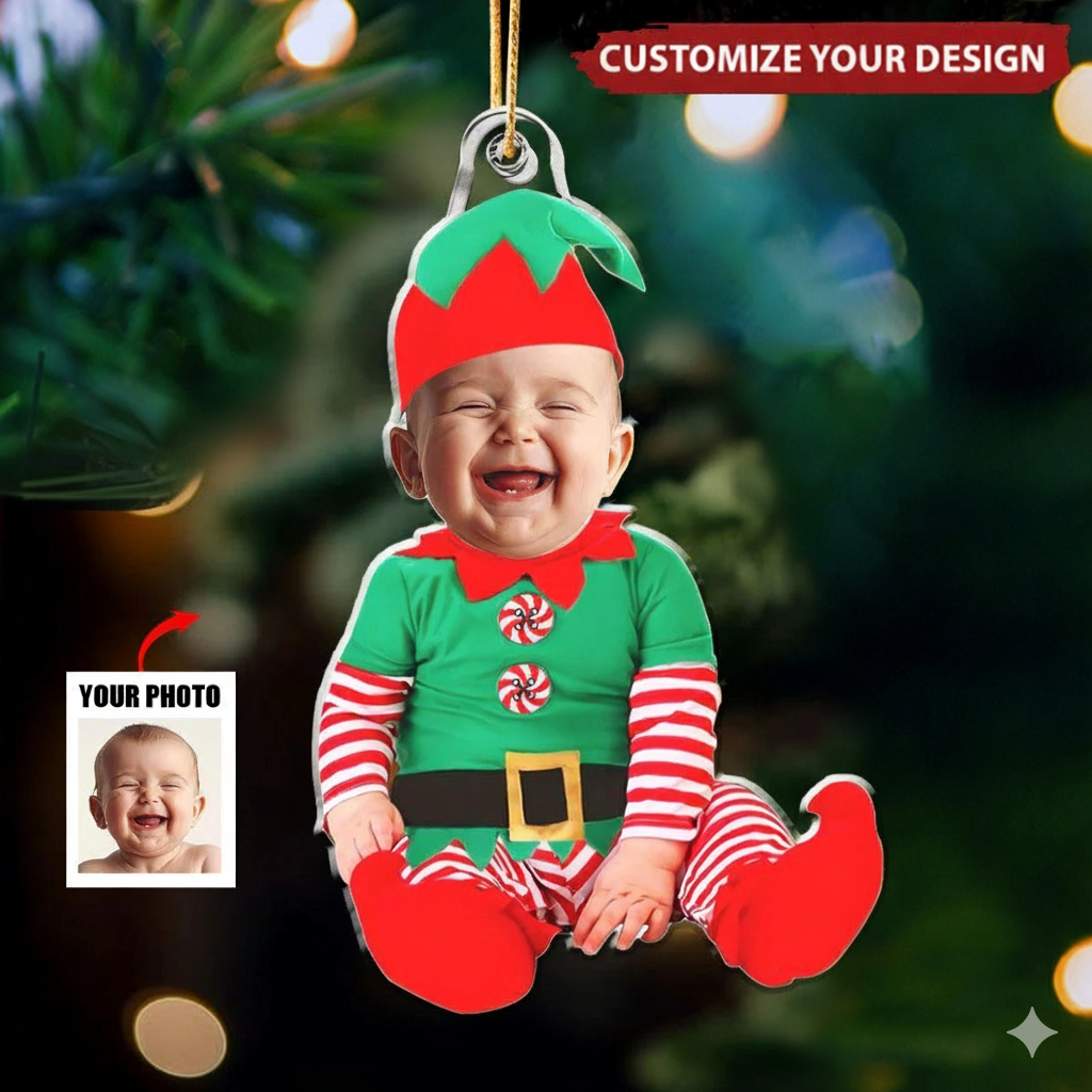Personalized Baby Elf Ornament – Custom Face Christmas Ornament with Your Photo, Cute Baby’s 1st Christmas Gift 2025 Ornament