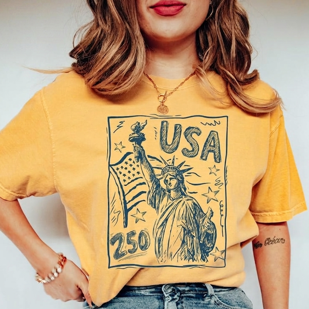 Comfort Colors Patriotic USA 250 T Shirt, Statue of Liberty American Flag Graphic Tee, U.S. 250th Anniversary Fourth of July Outfit