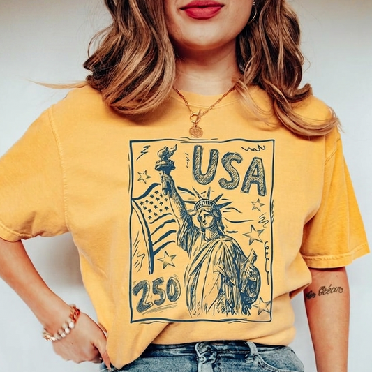 Comfort Colors Patriotic USA 250 T Shirt, Statue of Liberty American Flag Graphic Tee, U.S. 250th Anniversary Fourth of July Outfit