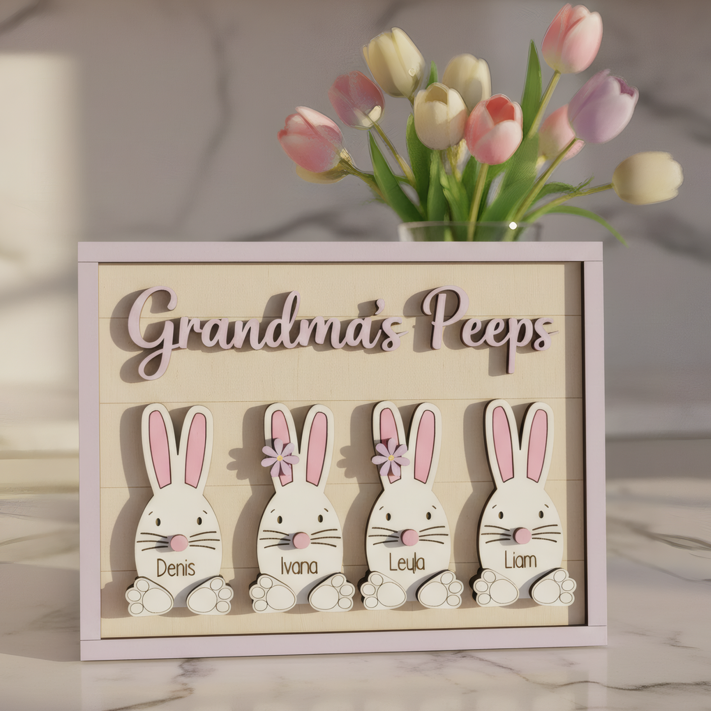 Personalized Easter Wooden Plaque - Custom "Grandma's Peeps" with Grandkids' Names, Easter Bunny Design