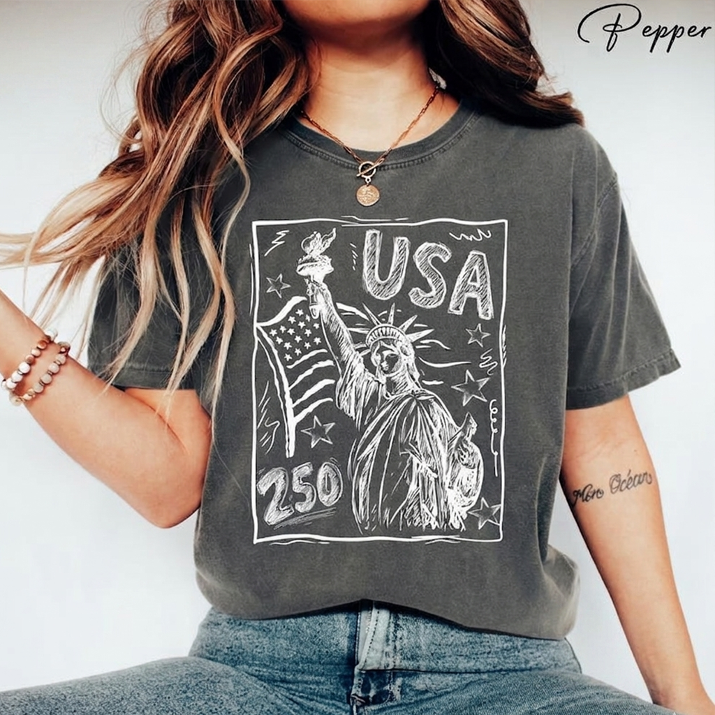 Comfort Colors Patriotic USA 250 T Shirt, Statue of Liberty American Flag Graphic Tee, U.S. 250th Anniversary Fourth of July Outfit