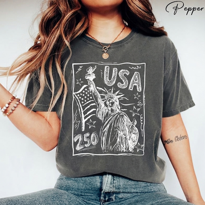 Comfort Colors Patriotic USA 250 T Shirt, Statue of Liberty American Flag Graphic Tee, U.S. 250th Anniversary Fourth of July Outfit