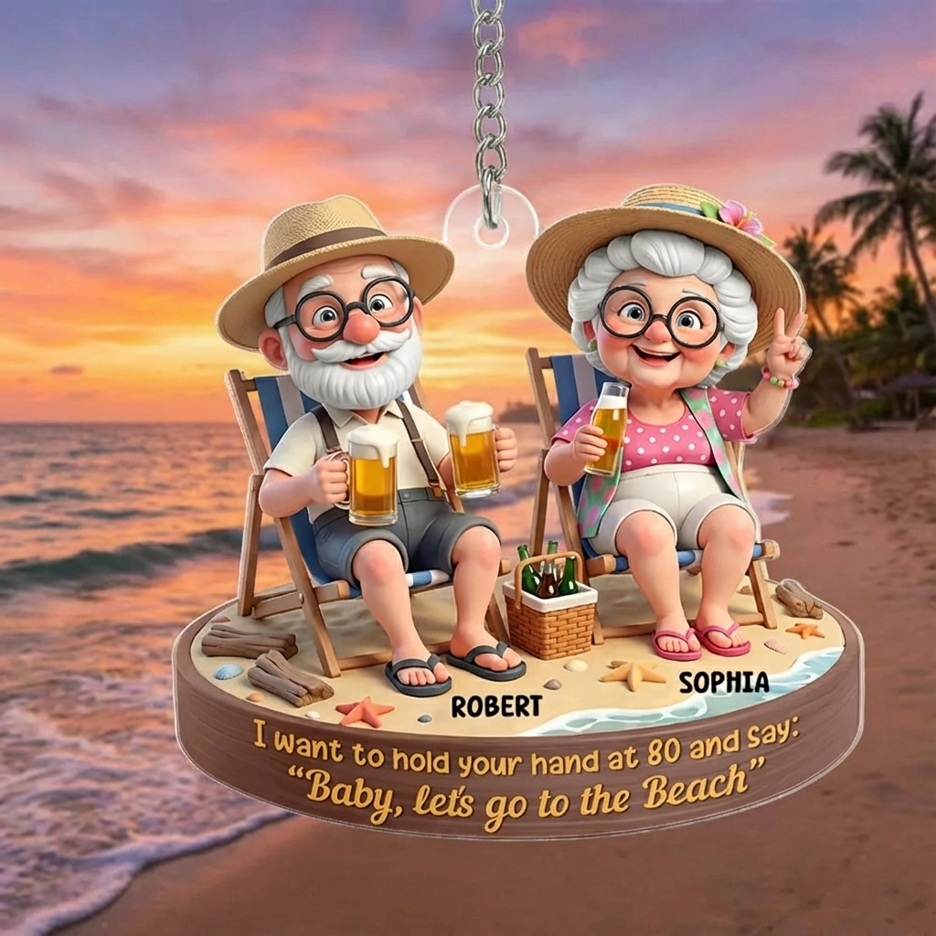Personalized Elderly Couple Beach Keychain With Names, Funny Grandparents Custom Keepsake Ornament