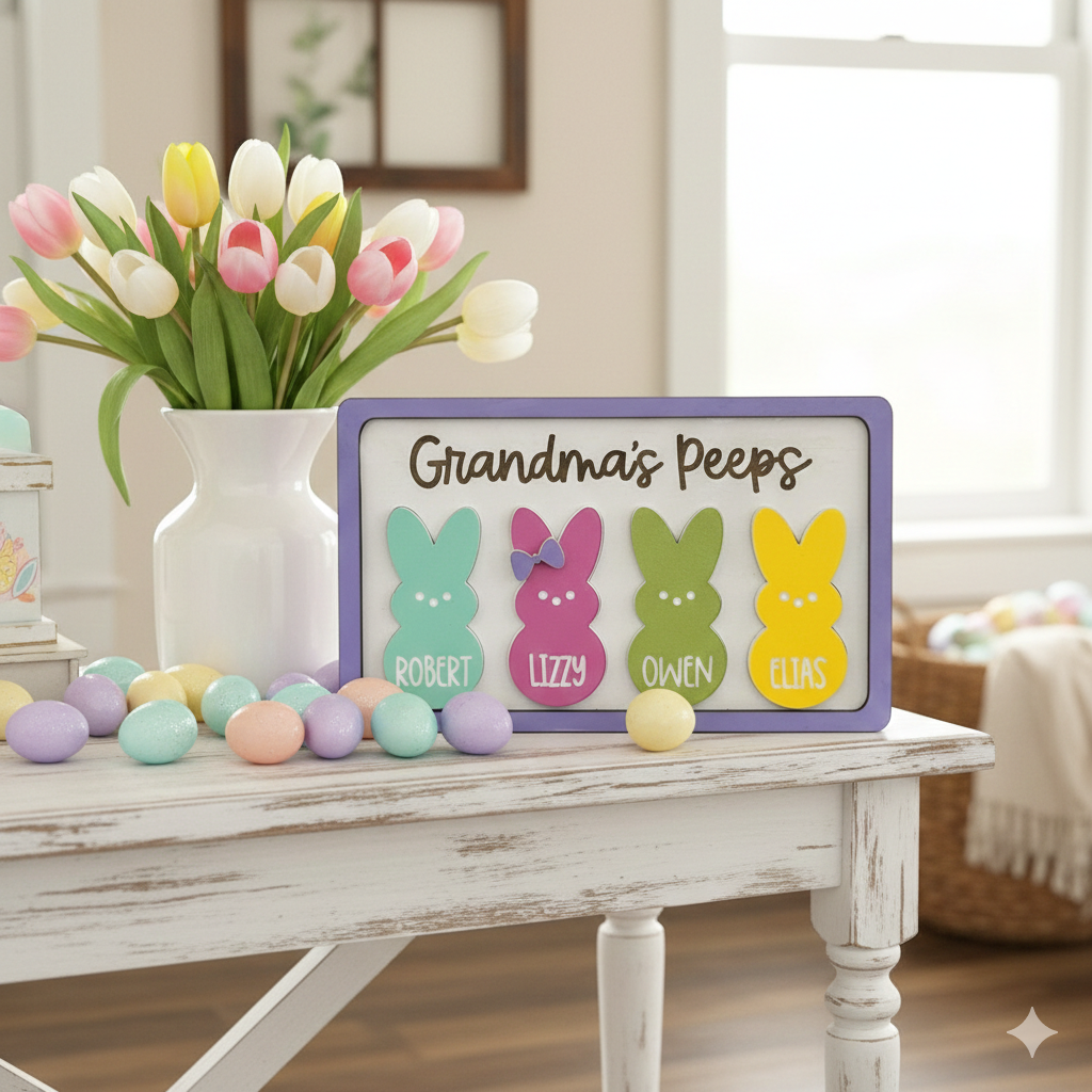 Personalized Easter Wooden Plaque - "Grandma's Peeps" with Custom Grandkids' Names, Cute Bunny Design for Easter