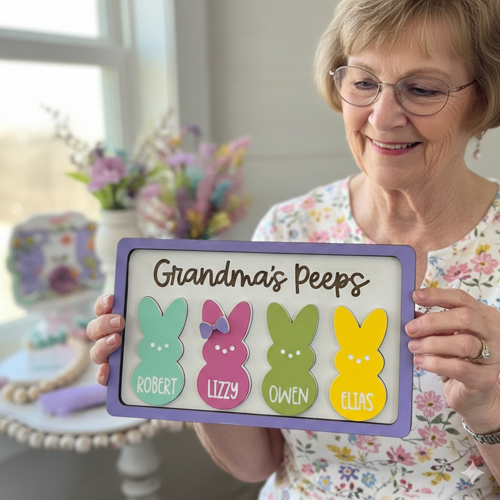 Personalized Easter Wooden Plaque - "Grandma's Peeps" with Custom Grandkids' Names, Cute Bunny Design for Easter