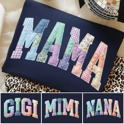 Mama Patchwork Sweatshirt for Women, Faux Embroidered Mimi Shirt Design, Cute Mother’s Day Gift for Mama Patchwork Sweatshirt for Women