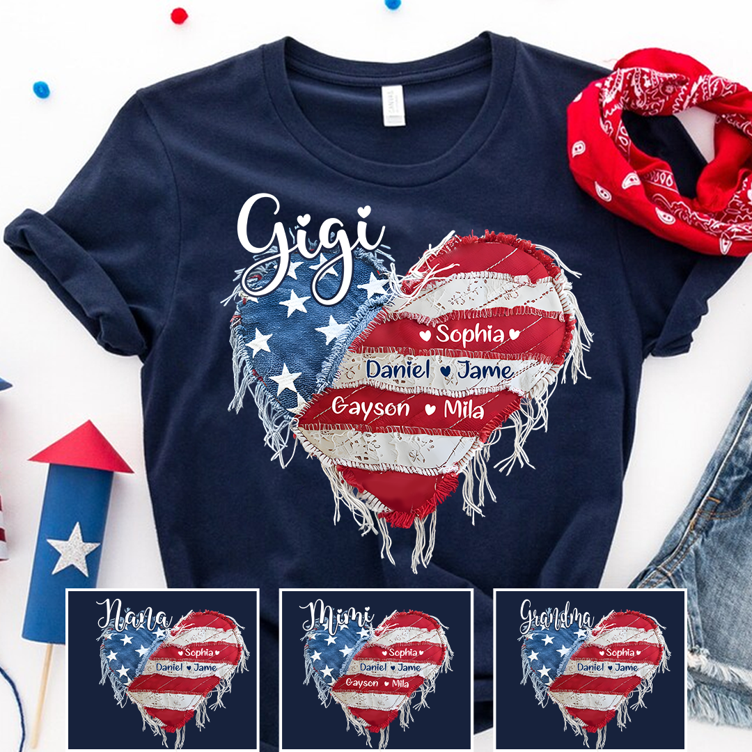 Gigi Mimi Grandma And Grandkids Custom Name, Heart America Flag T-shirt