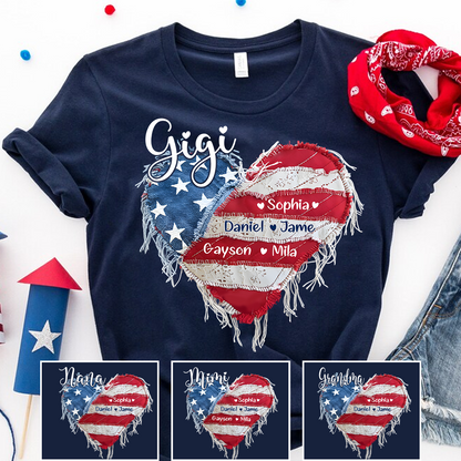 Gigi Mimi Grandma And Grandkids Custom Name, Heart America Flag T-shirt