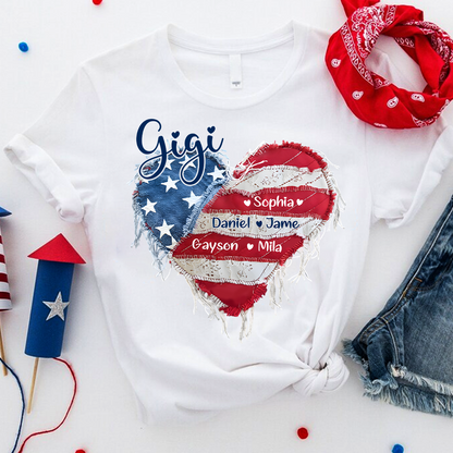 Gigi Mimi Grandma And Grandkids Custom Name, Heart America Flag T-shirt