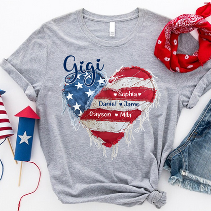 Gigi Mimi Grandma And Grandkids Custom Name, Heart America Flag T-shirt