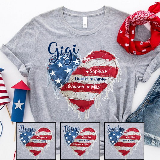 Gigi Mimi Grandma And Grandkids Custom Name, Heart America Flag T-shirt