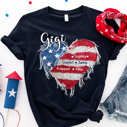 Gigi Mimi Grandma And Grandkids Custom Name, Heart America Flag T-shirt