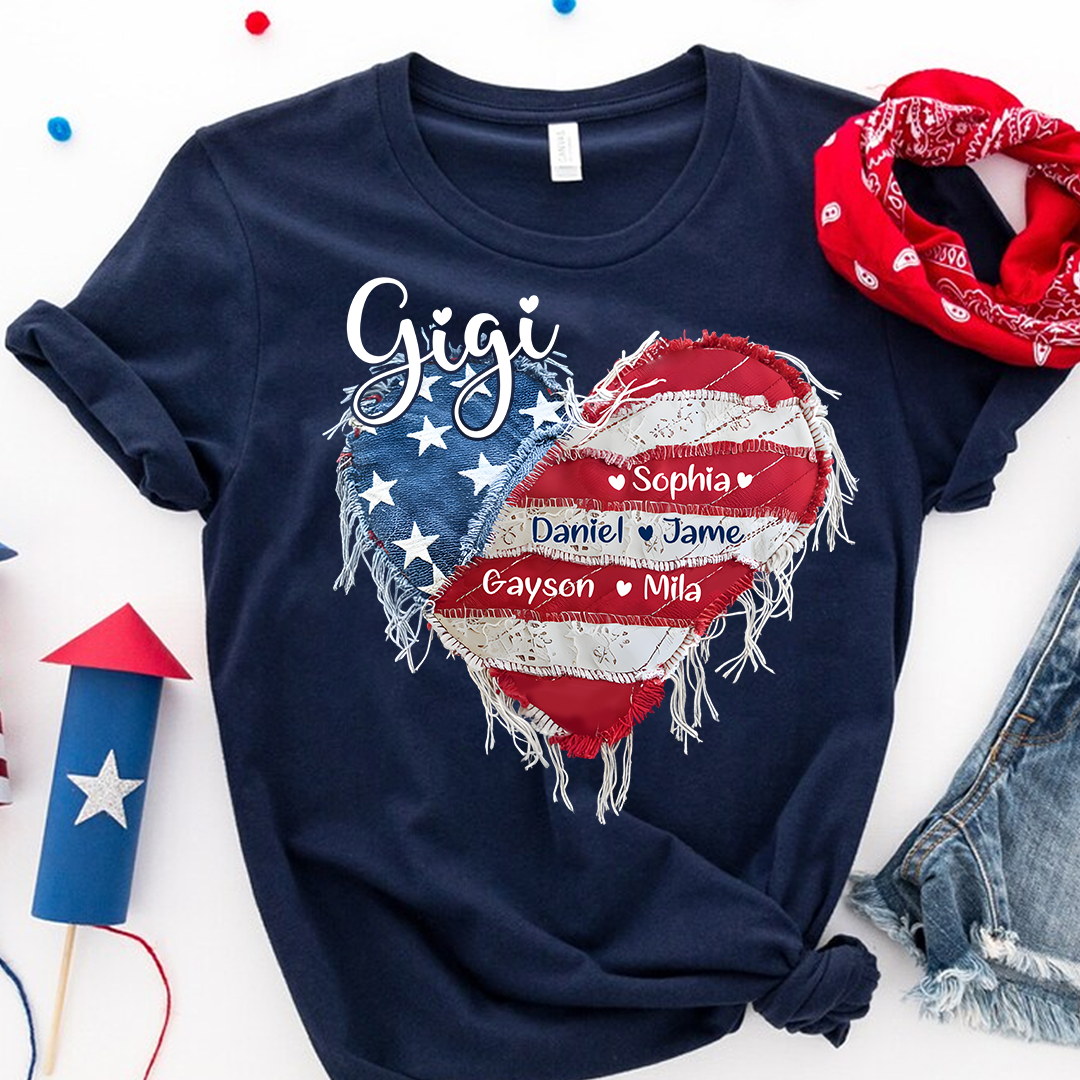 Gigi Mimi Grandma And Grandkids Custom Name, Heart America Flag T-shirt
