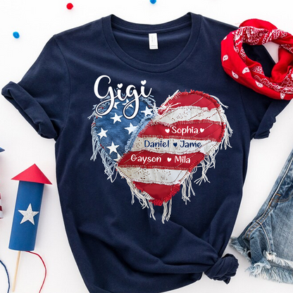 Gigi Mimi Grandma And Grandkids Custom Name, Heart America Flag T-shirt