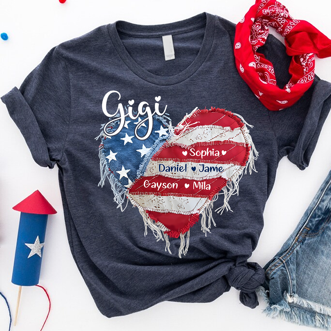 Gigi Mimi Grandma And Grandkids Custom Name, Heart America Flag T-shirt