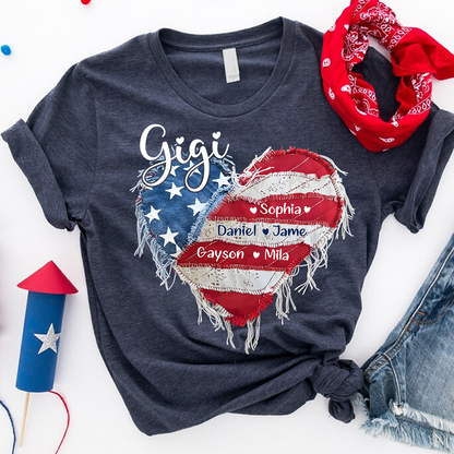 Gigi Mimi Grandma And Grandkids Custom Name, Heart America Flag T-shirt