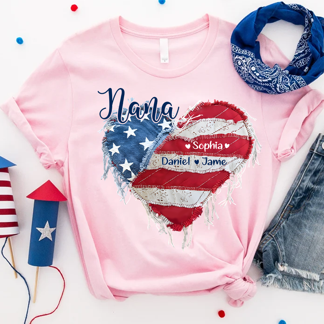 Gigi Mimi Grandma And Grandkids Custom Name, Heart America Flag T-shirt