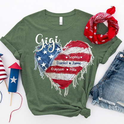 Gigi Mimi Grandma And Grandkids Custom Name, Heart America Flag T-shirt