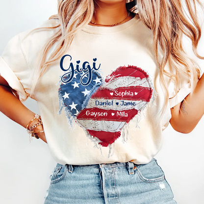 Gigi Mimi Grandma And Grandkids Custom Name, Heart America Flag T-shirt
