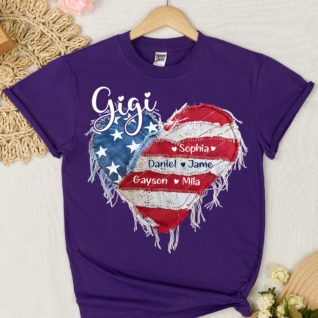 Gigi Mimi Grandma And Grandkids Custom Name, Heart America Flag T-shirt
