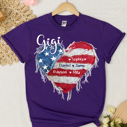Gigi Mimi Grandma And Grandkids Custom Name, Heart America Flag T-shirt