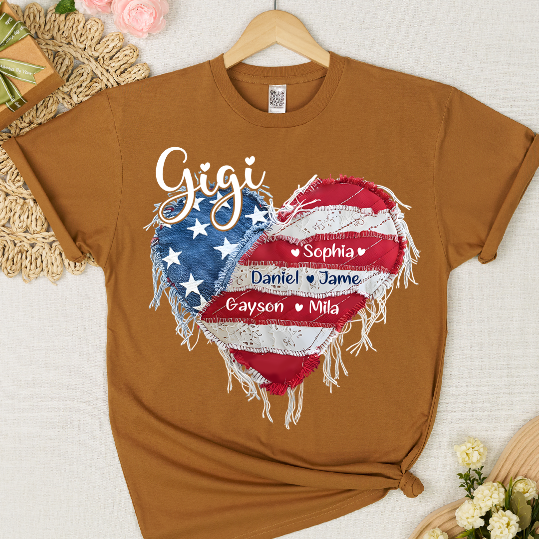 Gigi Mimi Grandma And Grandkids Custom Name, Heart America Flag T-shirt