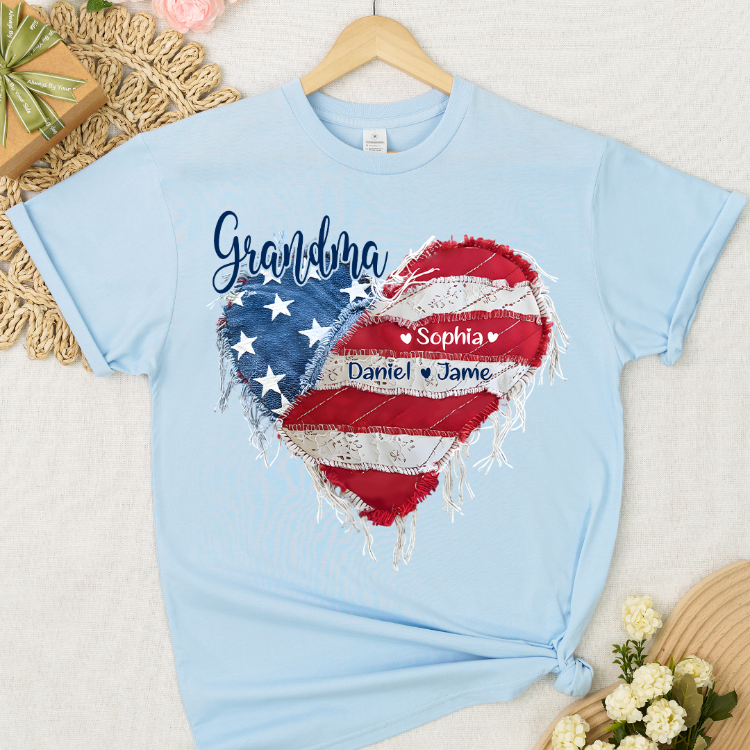 Gigi Mimi Grandma And Grandkids Custom Name, Heart America Flag T-shirt