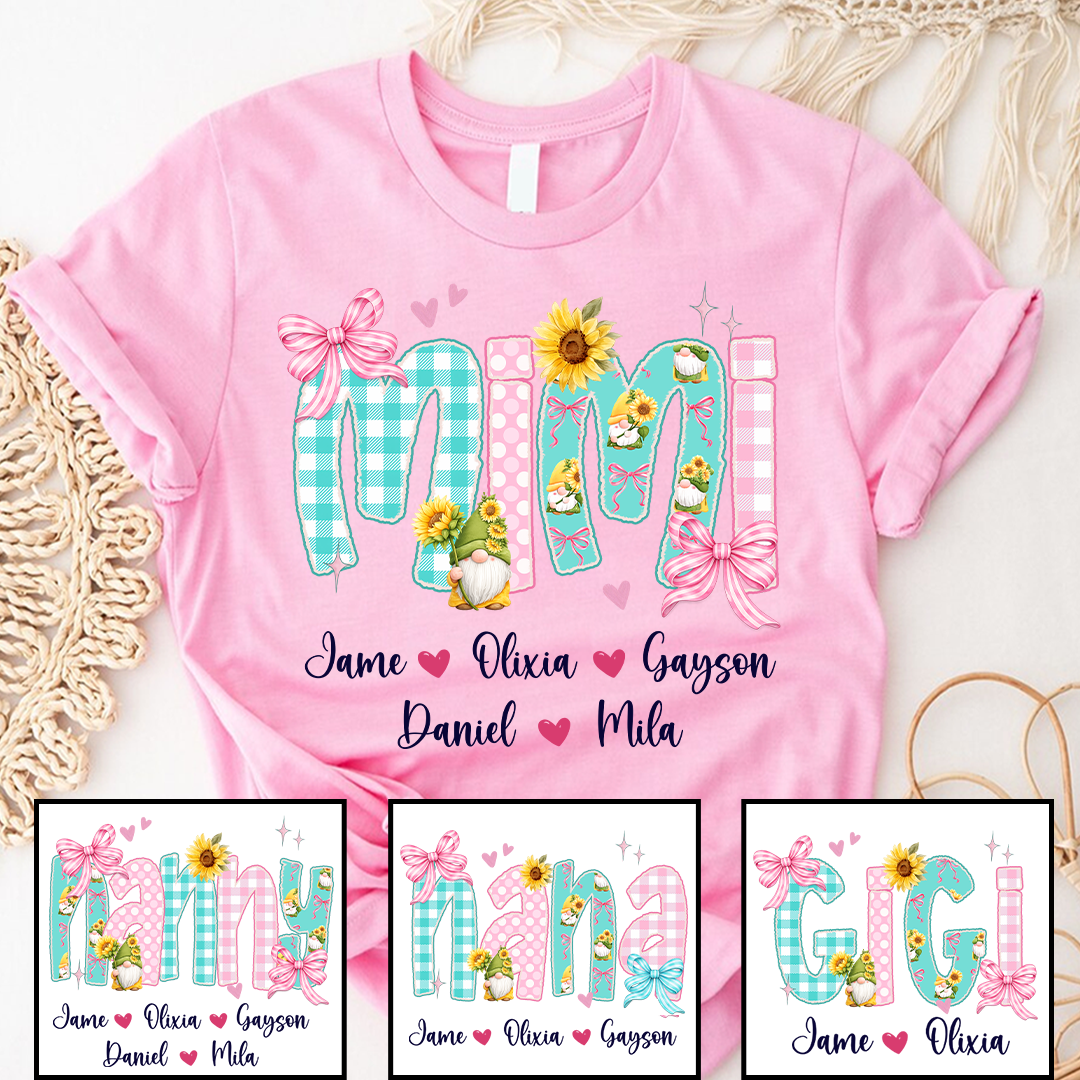 Gnome Sunflower Mimi Nana Grandma and Grandkids Personalized Trendy Mother's Day T-shirt