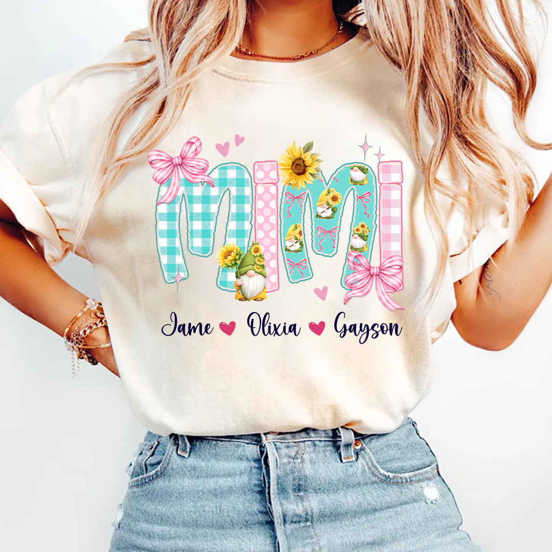 Gnome Sunflower Mimi Nana Grandma and Grandkids Personalized Trendy Mother's Day T-shirt