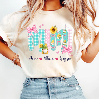 Gnome Sunflower Mimi Nana Grandma and Grandkids Personalized Trendy Mother's Day T-shirt