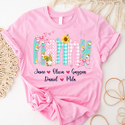 Gnome Sunflower Mimi Nana Grandma and Grandkids Personalized Trendy Mother's Day T-shirt