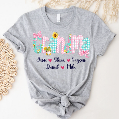 Gnome Sunflower Mimi Nana Grandma and Grandkids Personalized Trendy Mother's Day T-shirt