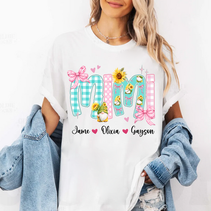 Gnome Sunflower Mimi Nana Grandma and Grandkids Personalized Trendy Mother's Day T-shirt