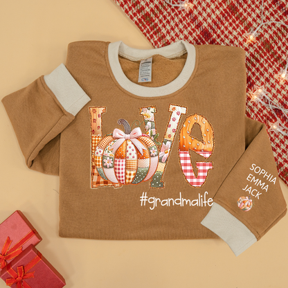 Personalized Love Grandmalife Pumpkin Patchwork Fall with Grandkids Names, Holiday Design, Cozy Family Gift for Grandma Sweatshirt Mix