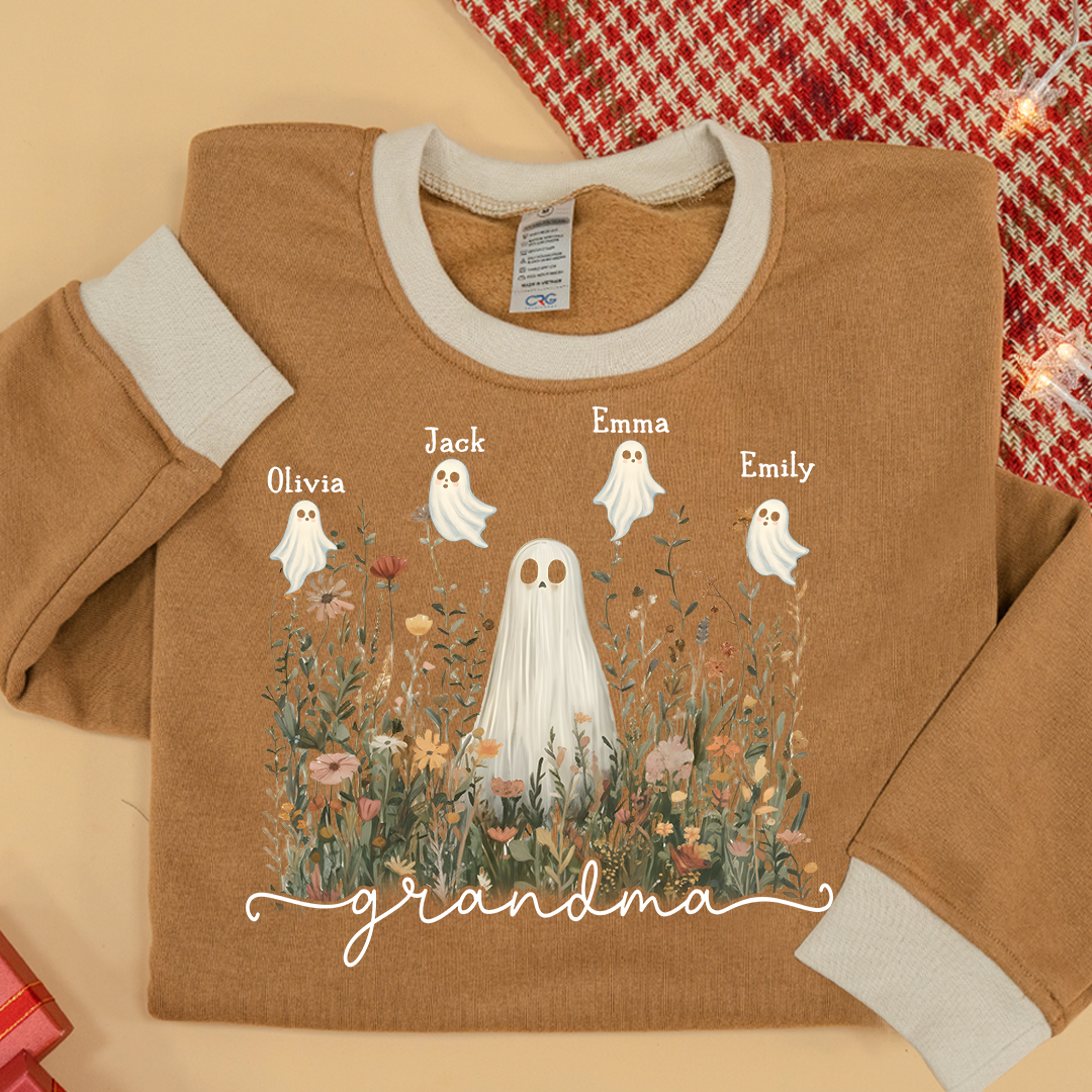 Grandma Cute Ghost in Wildflowers And Grandkids Fall Sweatshirt Mix