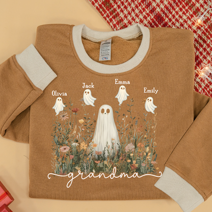 Grandma Cute Ghost in Wildflowers And Grandkids Fall Sweatshirt Mix