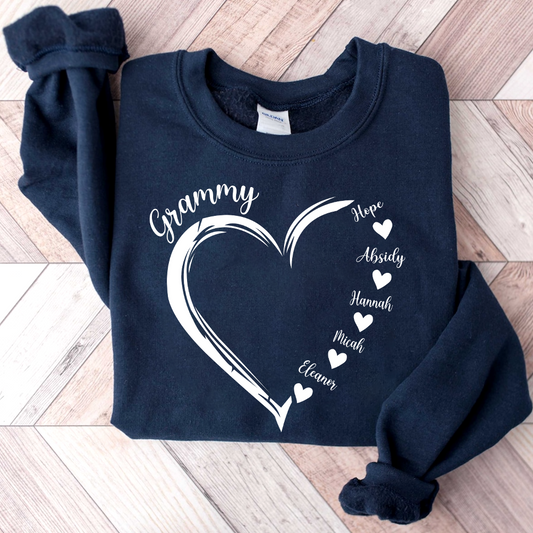 Personalized Grandma Heart Sweatshirt – Custom Grandkids Name Sweater – Cozy Christmas Gift for Grandma, Gigi, Nana, Mimi