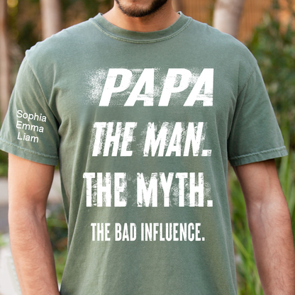 Personalized Papa Shirt with Kids Names, The Man Myth Bad Influence Grandpa Tee, Fathers Day Birthday Christmas Gift