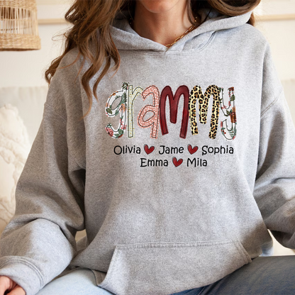Personalized Grammy Flower and Leopard Font With Kids Names T-Shirt, Custom Mother's Day Shirt For Grandma Mimi Nana Gigi Gaga