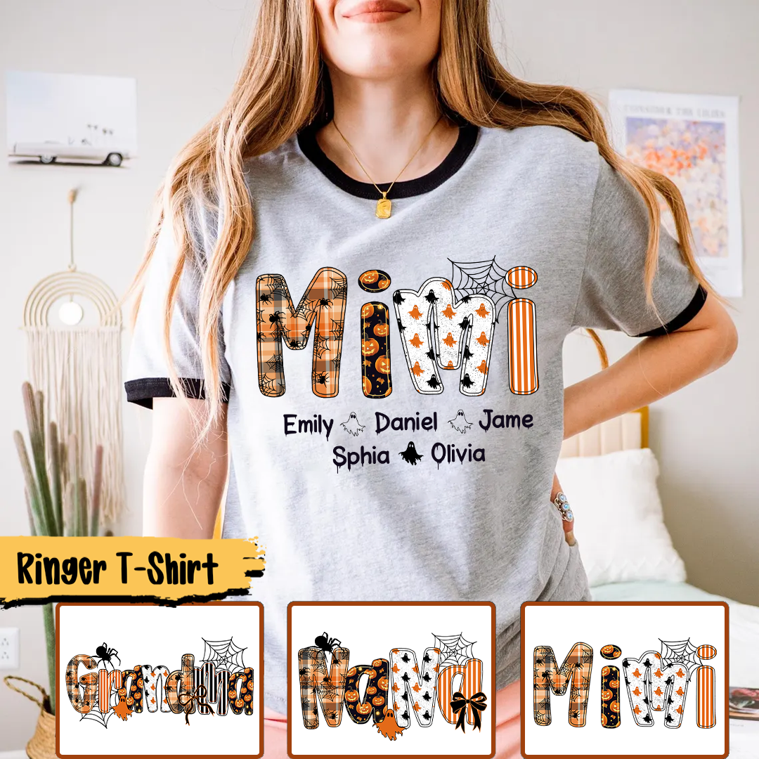 Halloween Spooky Mimi, Custom Grandma And Grandkids Ringer T-Shirt