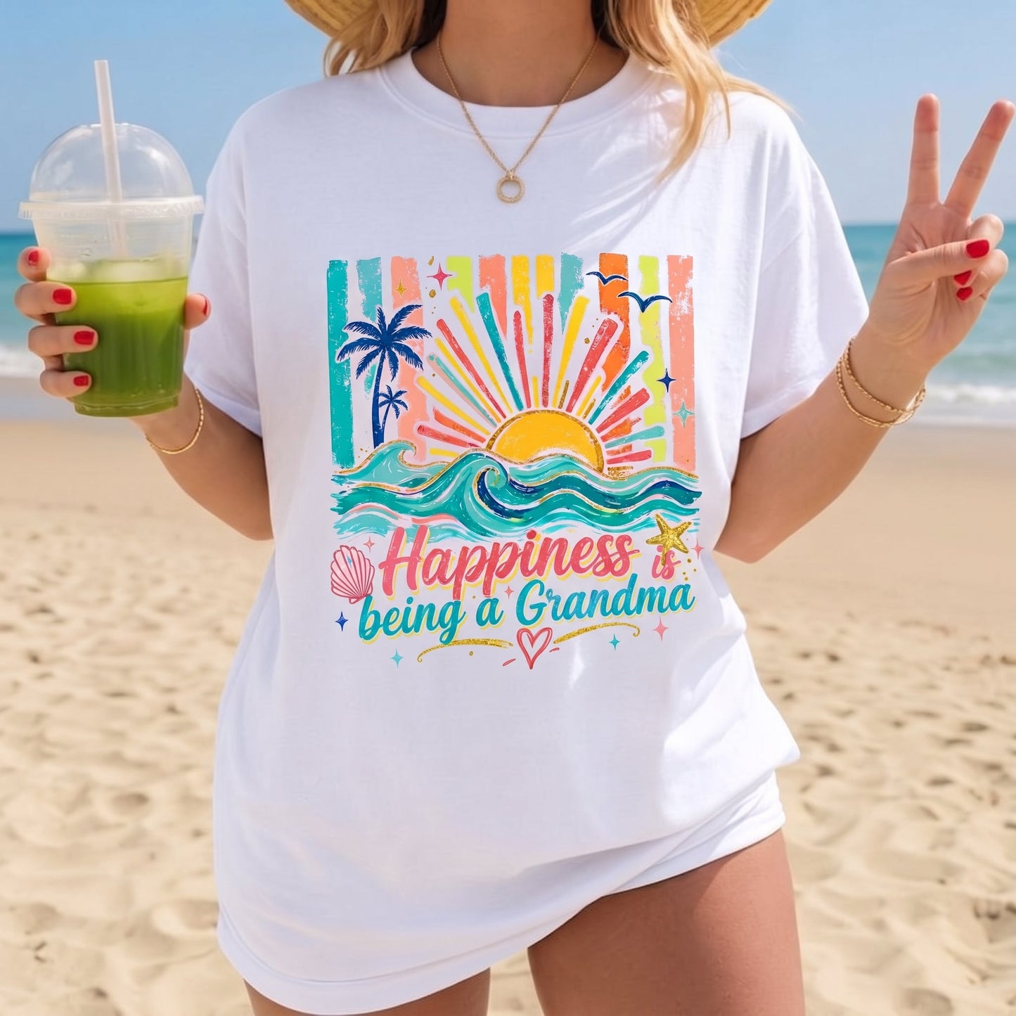Happiness Is Being A Grandma Summer T-Shirt – Fun Graphic Tee for Grandma, Summer Gift