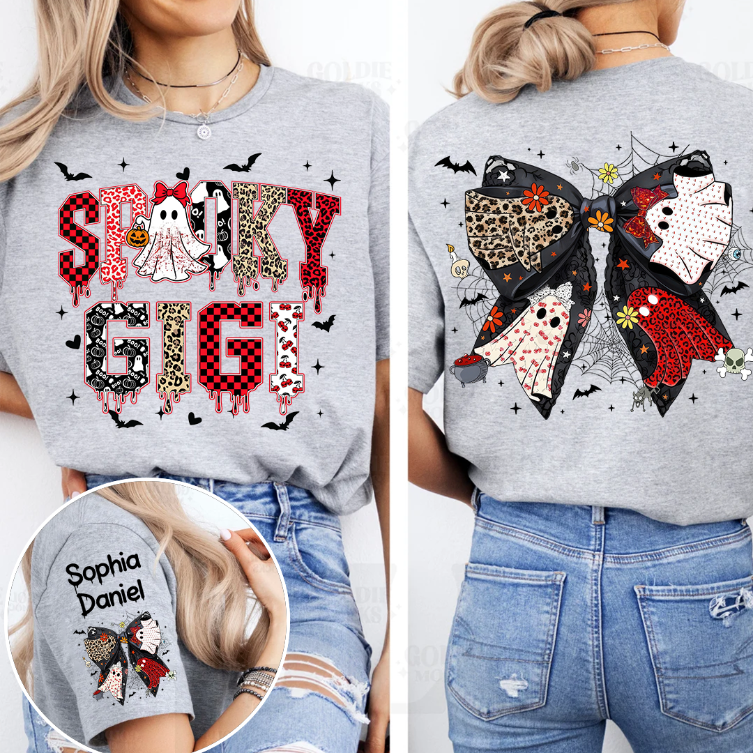 Custom Spooky Gigi And Grandkids Halloween Bow T-shirt