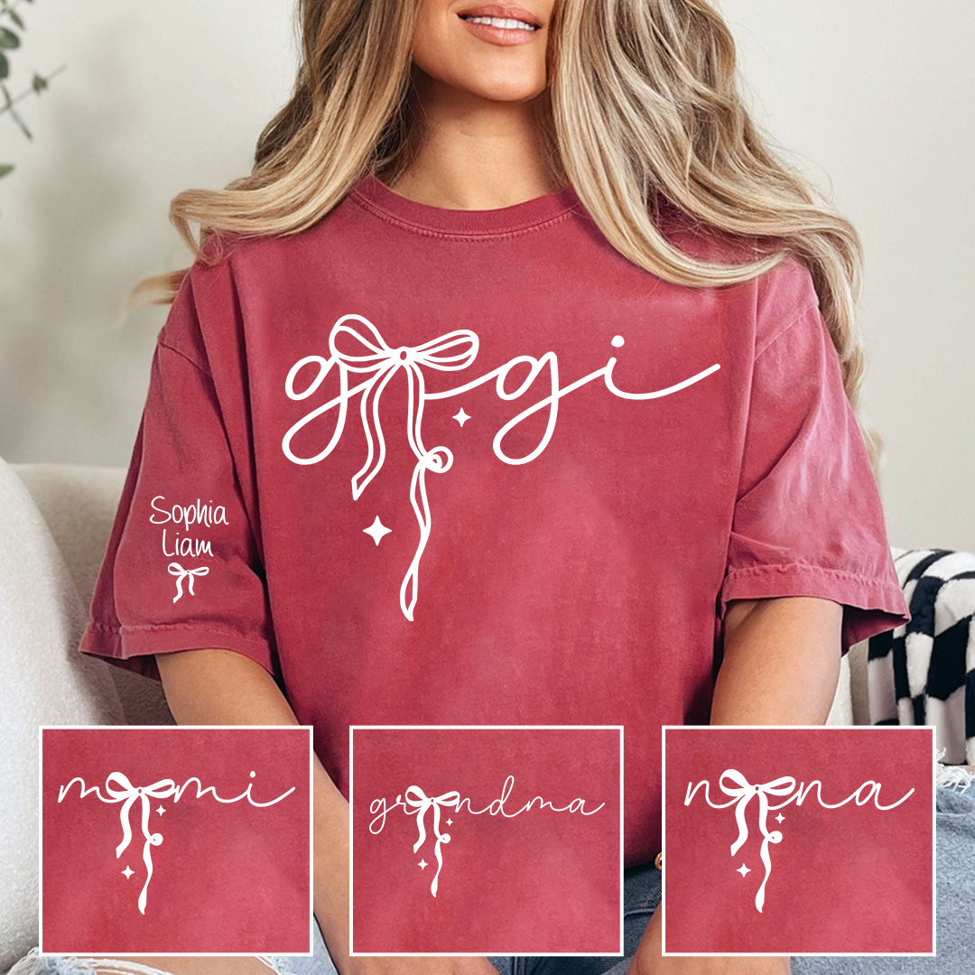 Gigi Script Bow T Shirt, Modern Minimal Grandma Shirt, Personalized Name on Sleeve, Soft Casual Gift for Gigi Grandma