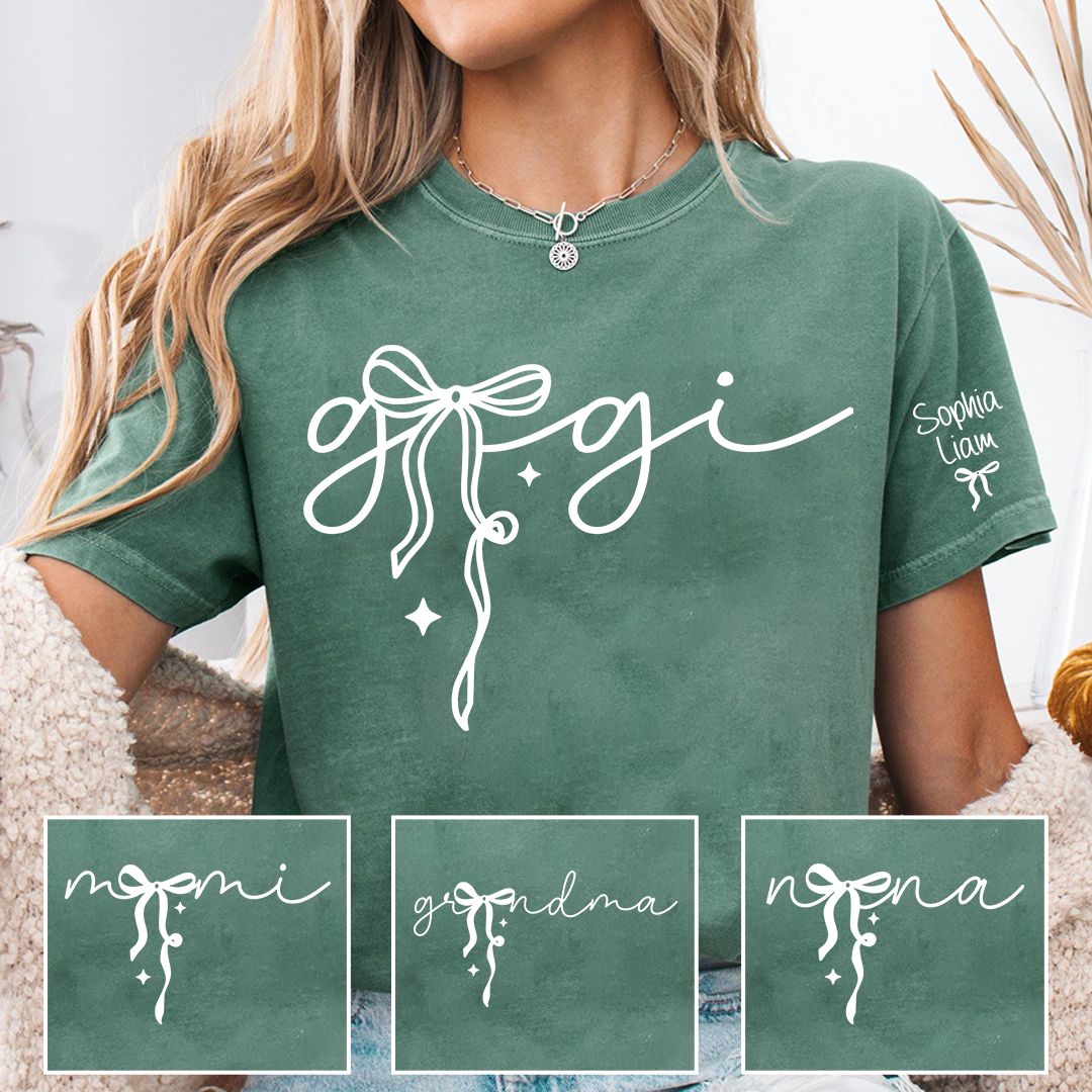 Gigi Script Bow T Shirt, Modern Minimal Grandma Shirt, Personalized Name on Sleeve, Soft Casual Gift for Gigi Grandma