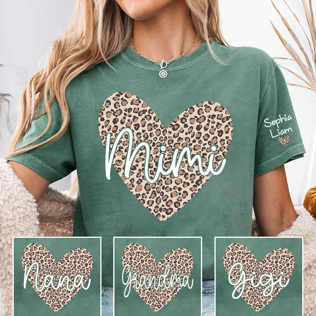 Mimi Leopard Heart Shirt for Women, Cute Mimi Grandma T-Shirt with Animal Print Heart Design