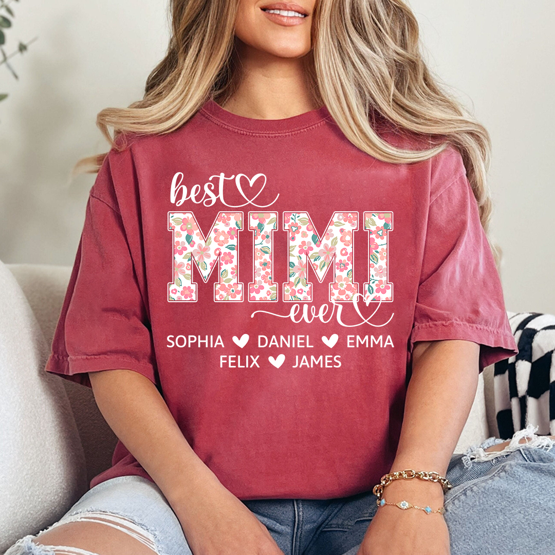 Best Mimi Ever Personalized T Shirt, Custom Floral Design with Grandkids Names