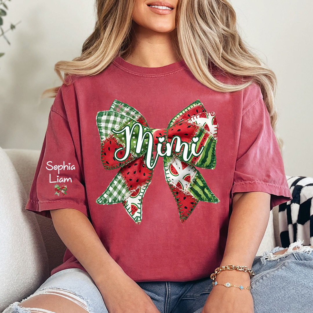 Personalized Mimi Watermelon Bow Shirt, Custom Grandma T Shirt with Grandkids Names, Summer Family Tee for Nana Gigi Mimi