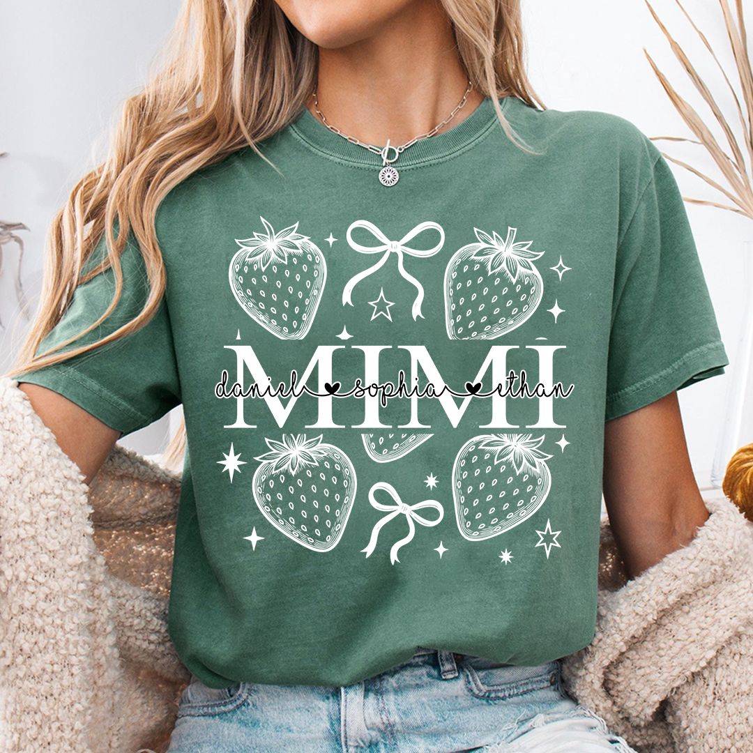 Personalized Mimi Strawberry Shirt, Custom Grandkids Names Floral Bow T-Shirt, Cute Grandma Gift, Summer Fruit Apparel