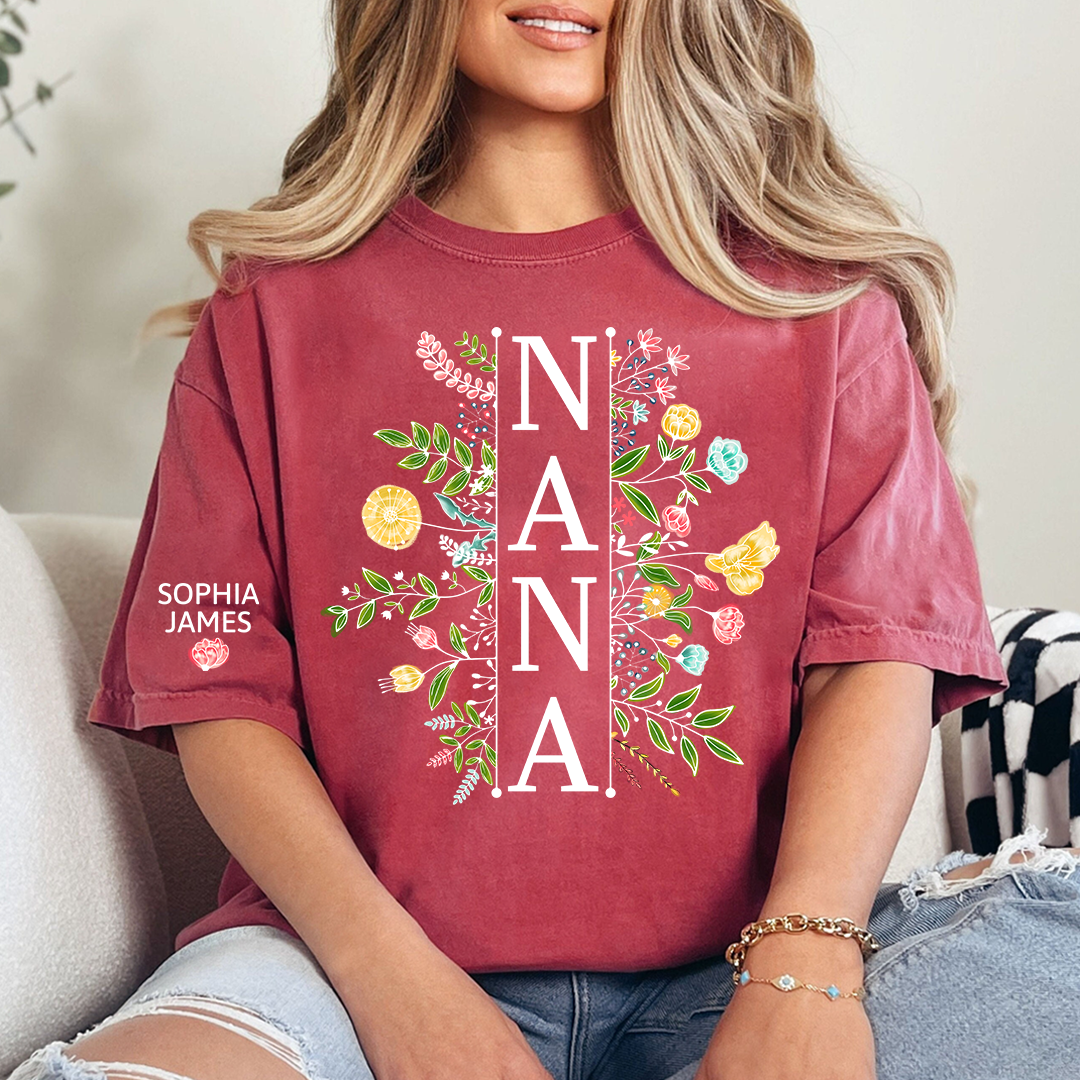 Custom Nana T Shirt with Colorful Floral Artwork, Personalized Gift for Grandma Featuring Kids Names