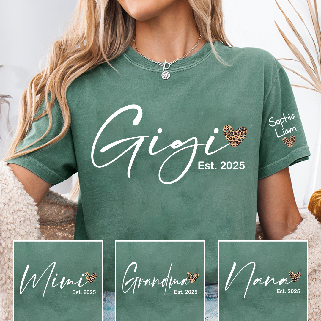 Gigi Est 2025 Shirt, New Gigi Grandma T Shirt with Leopard Heart, Cute Gift for Gigi